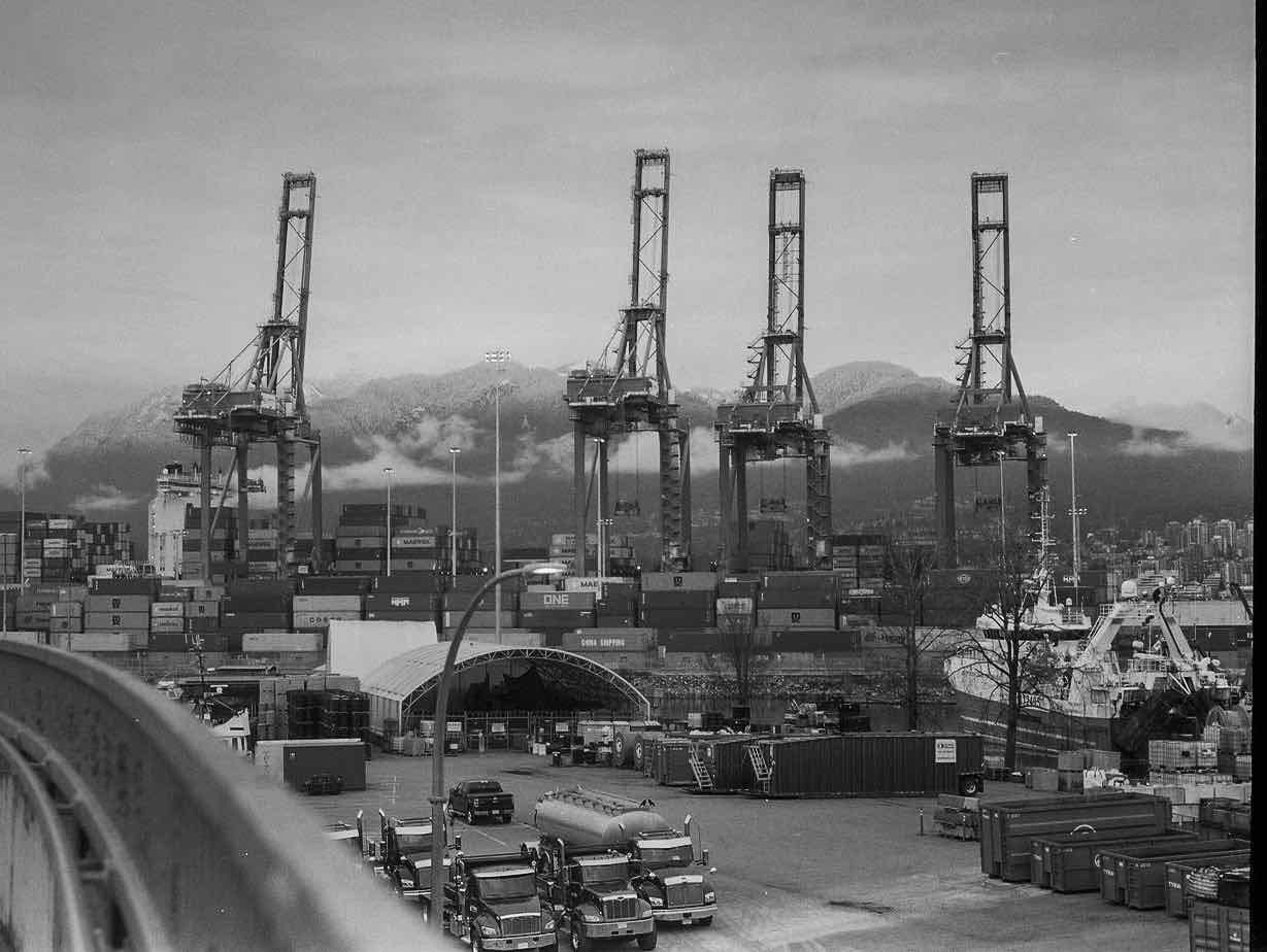 Gantry cranes shot on Ilford Delta 100 with a Hasselblad 500C, developed at Rocket Reprographics, by Karen