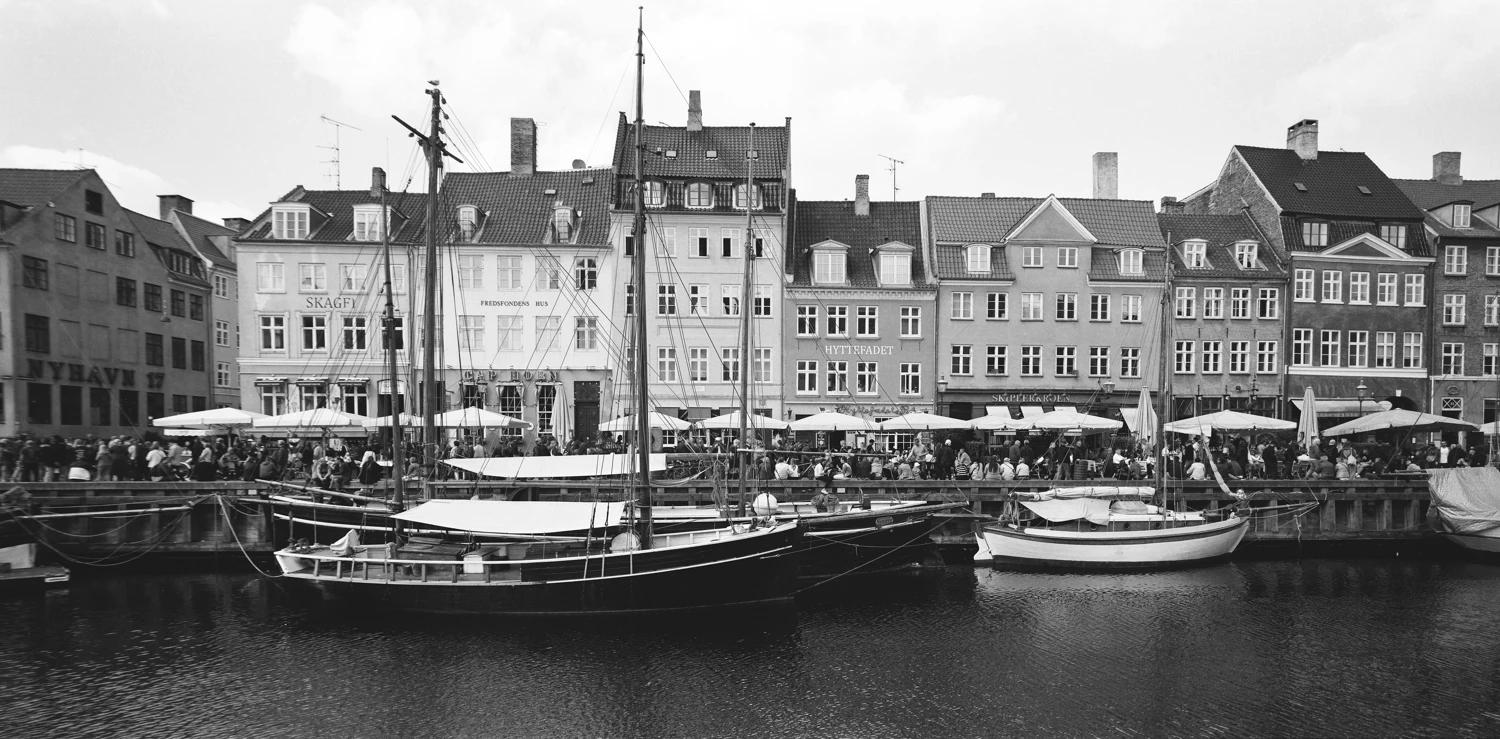 Nyhaven, Copenhagen shot on Ilford FP4 Plus 125 with a Linhof Technorama 612 PC, by onroadsandcameras